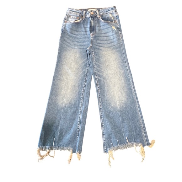 Zenana Denim - Zenana Wide Leg Jeans Womens 26 Distressed Frayed Hem Blue Cotton Stretch Denim